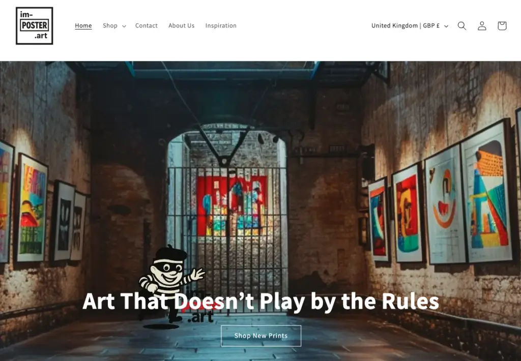 The homepage of Impostor Art, a print-on-demand poster shop.