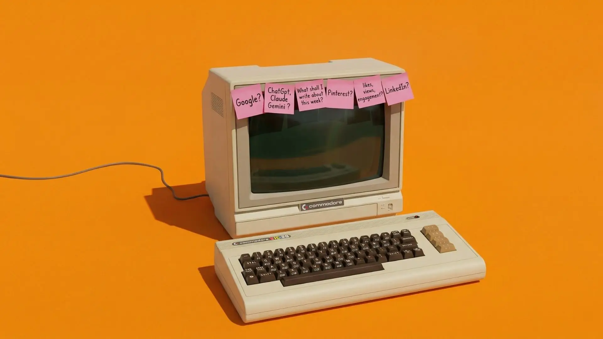 An old commodore computer with a to do list of google search and AI Audits